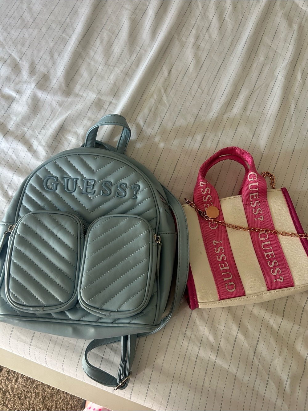 GUESS Light Blue Quilted Mini Backpack with Pink & White Logo Tote